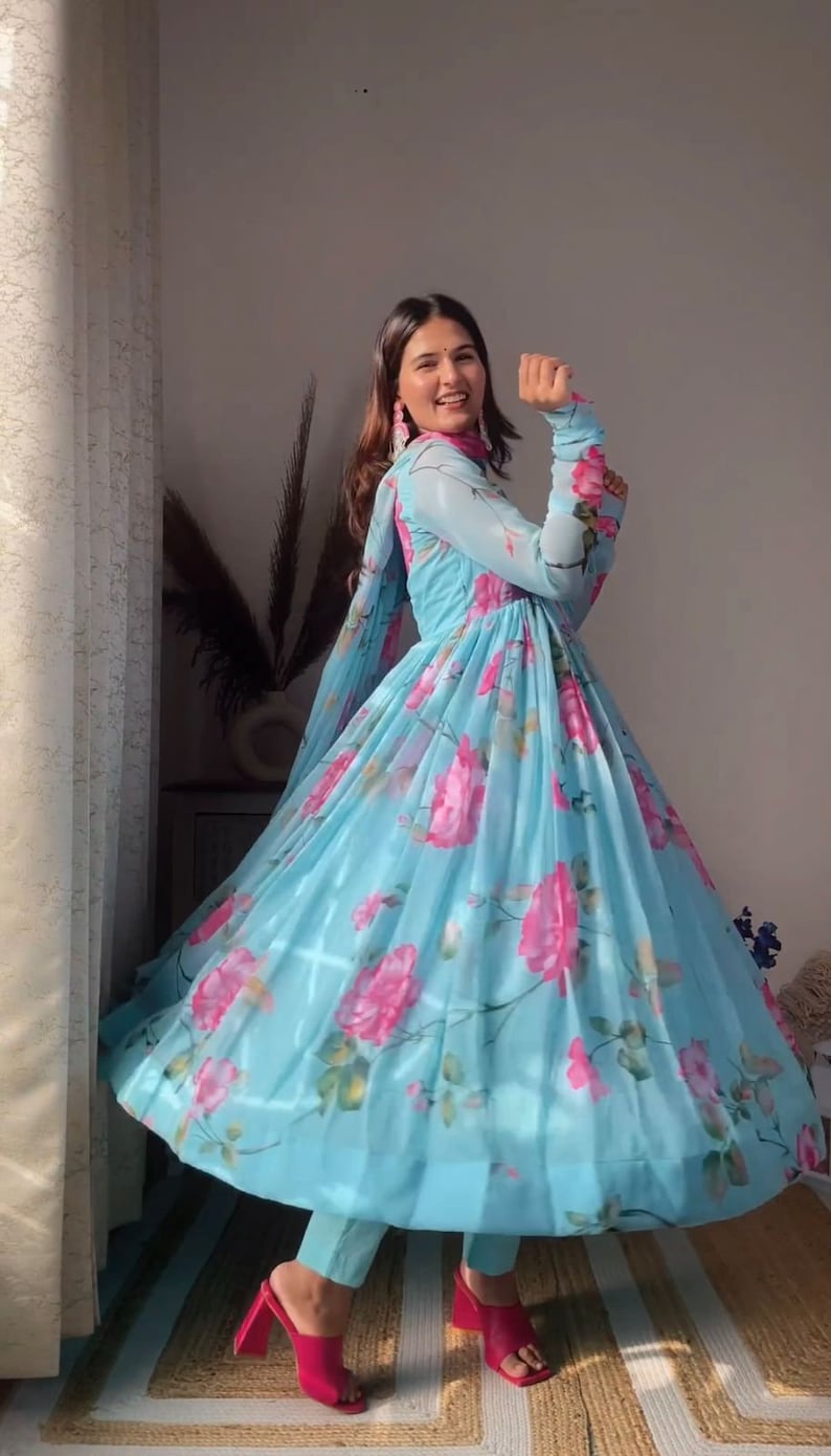 Designer Beautiful Sky Bluebase Flower Printed Georgette Anarkali Suit Set, Flaired Anarkali , Printed Anarkali Set,indian Outfits Readymade