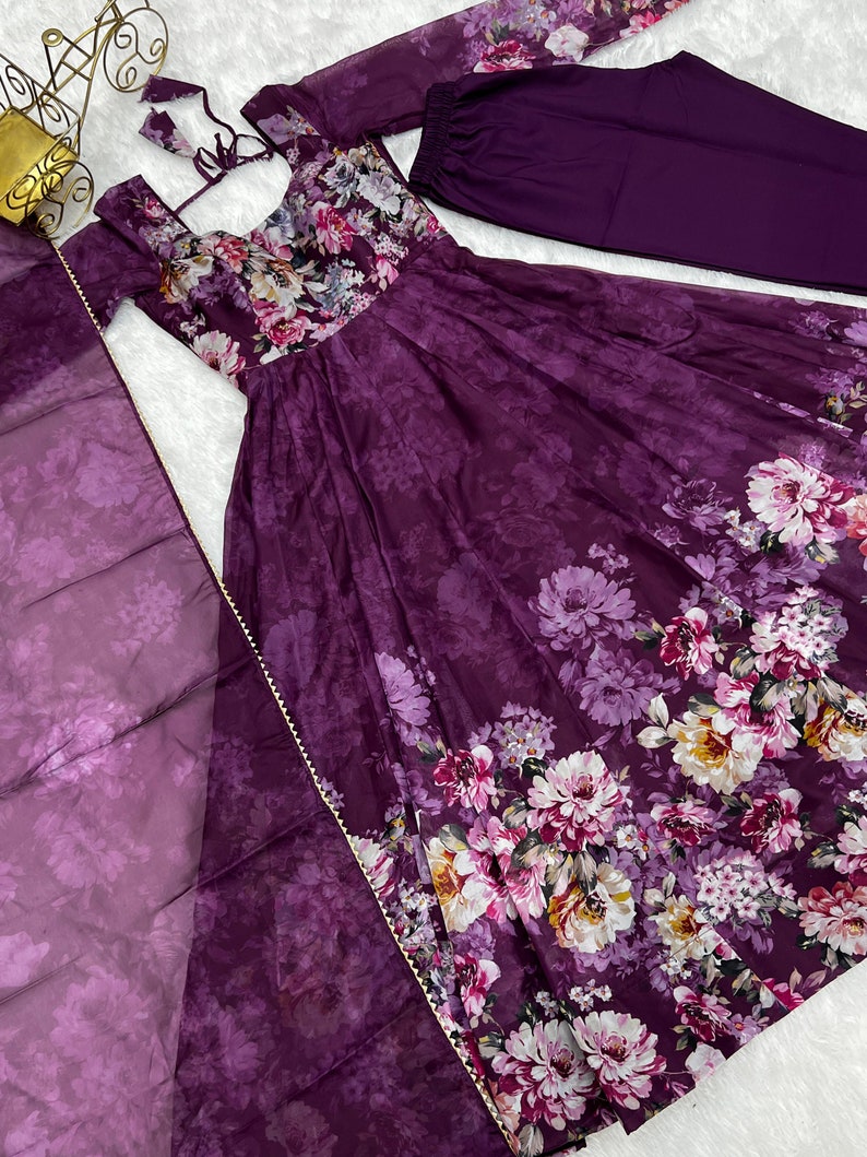 Wine Color Floral Print Organza Three Piece Anarkali Suit