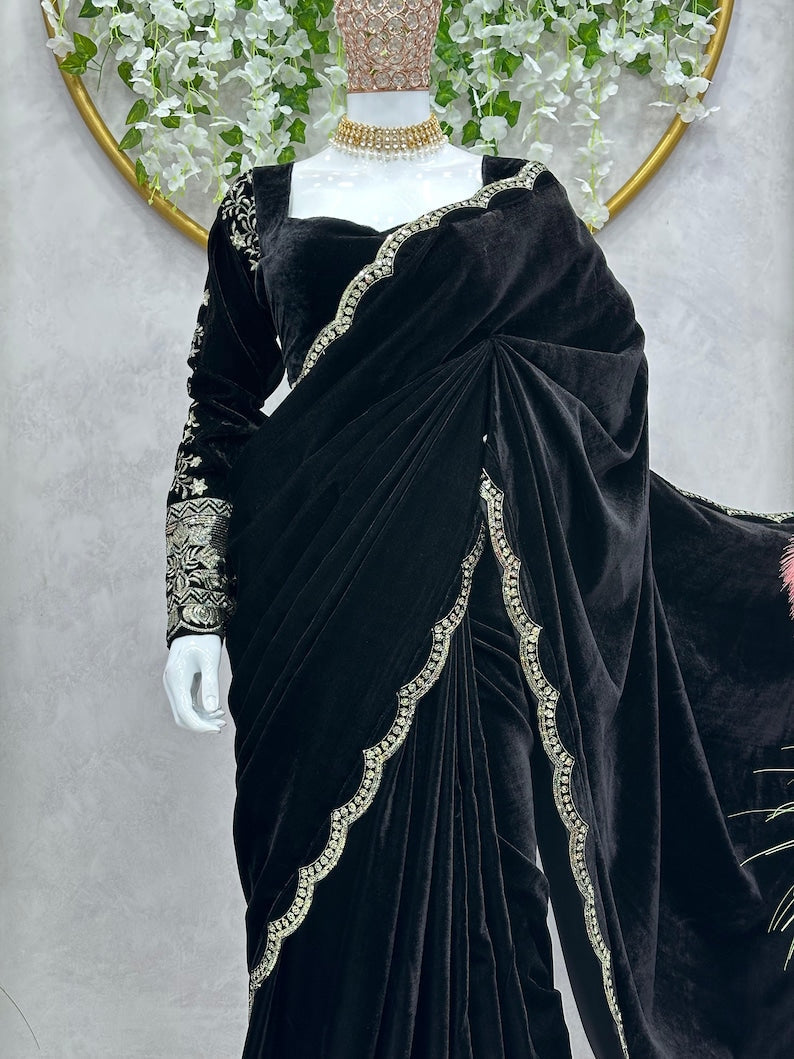 Designer Velvet Sequence Saree For Women, Wedding Wear Saree, Party Wear Saree Set, Bollywood Style Saree,traditional Indian Designer Saree