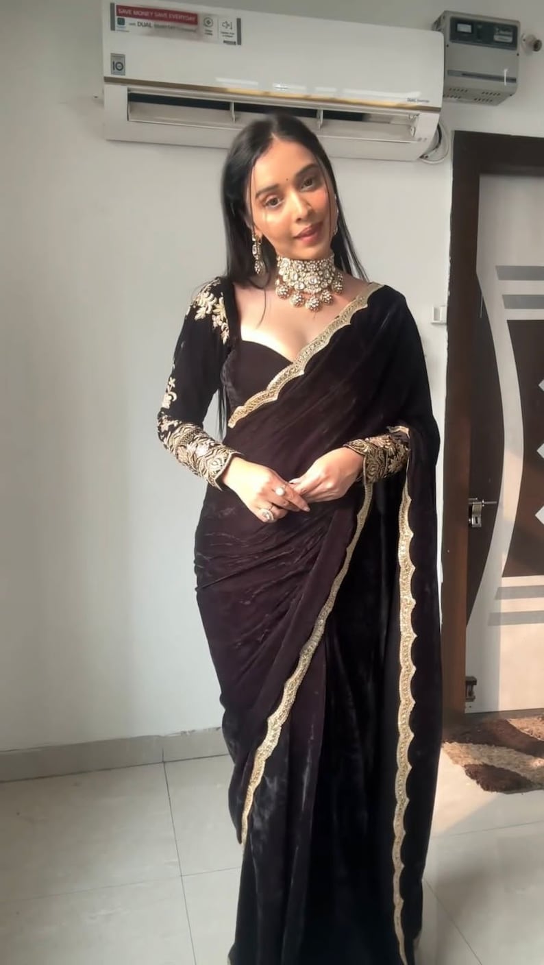 Designer Velvet Sequence Saree For Women, Wedding Wear Saree, Party Wear Saree Set, Bollywood Style Saree,traditional Indian Designer Saree