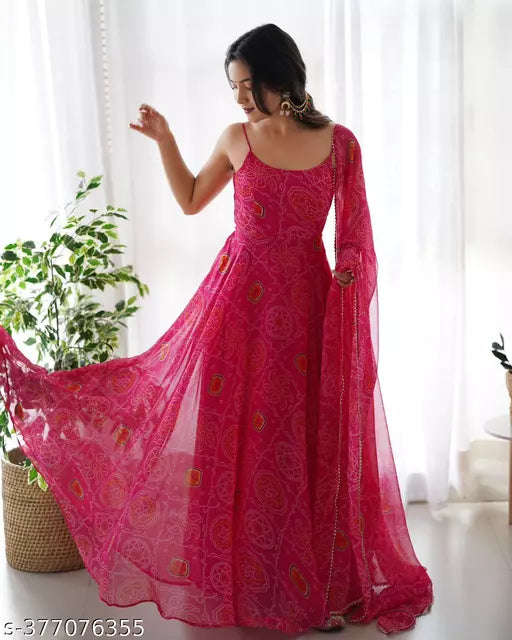 Presenting New Designer Pure Soft Lightweight Chiffon Bandhej Fully Flair Gown,duppta ,pent Set Ready To Wear Fully Sttich
