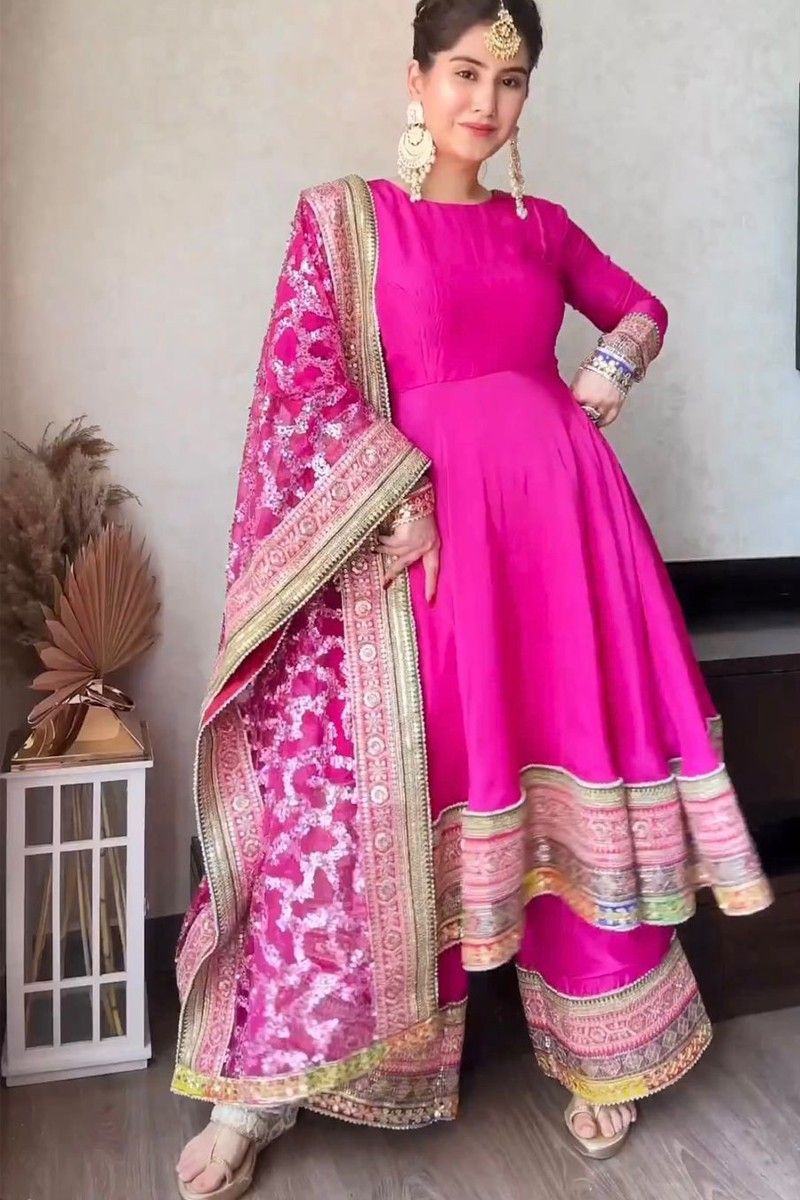 Pink Kurta Palazzo Set With Dupatta, Taffeta Silk Kurta And Soft Net Dupatta And Indian Women Dress For Ready To Wear Salwar Kameez For Dres