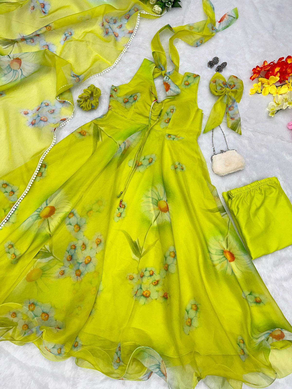 Printed Organza Silk Anarkali Suit | Partywear Suit Set | For Women