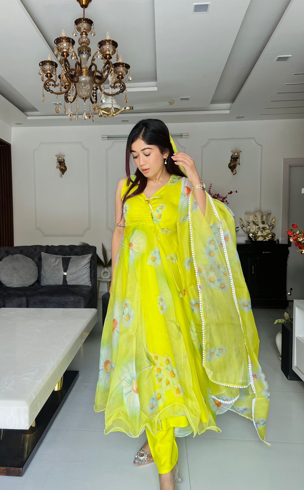 Printed Organza Silk Anarkali Suit | Partywear Suit Set | For Women