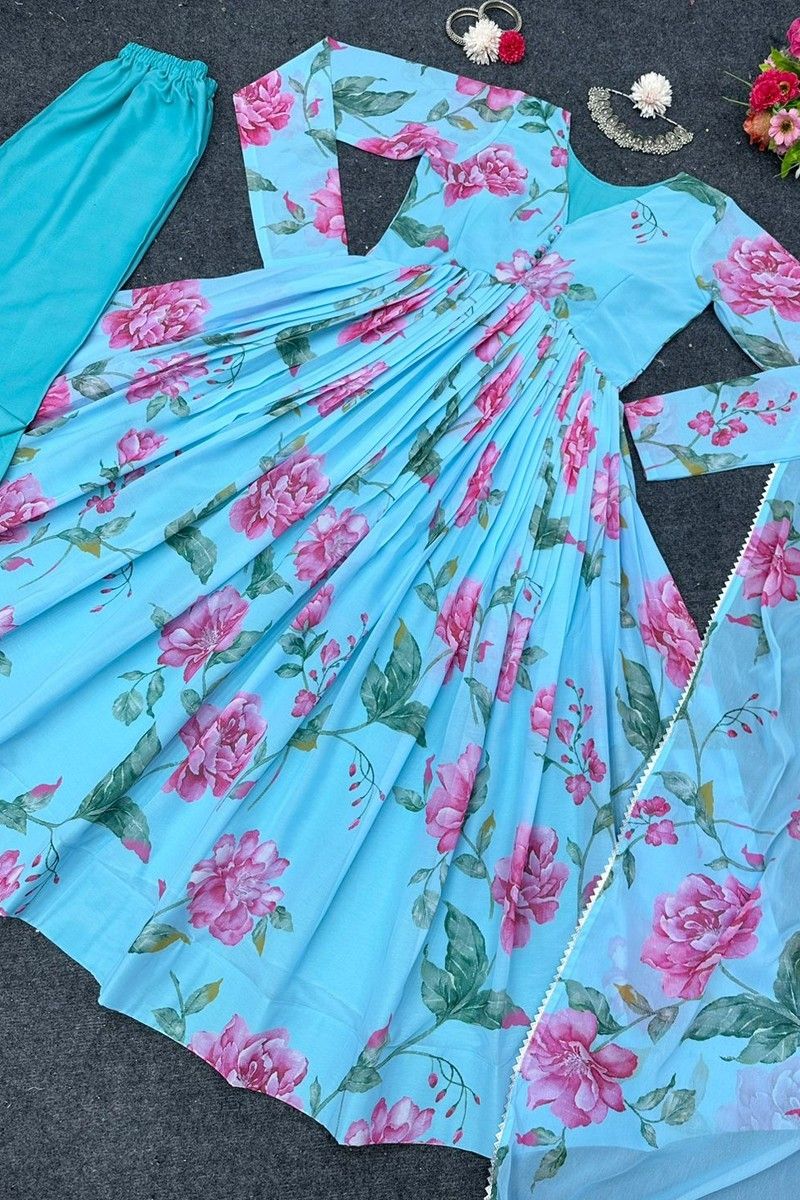 Designer Beautiful Sky Bluebase Flower Printed Georgette Anarkali Suit Set, Flaired Anarkali , Printed Anarkali Set,indian Outfits Readymade