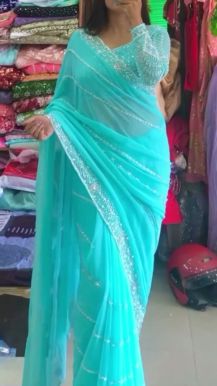 Sky Blue Net Saree with Intricate Sequin Embroidery, Shimmering Border Detailing and Full Sleeve Blouse – Perfect for Festive and Party Wear