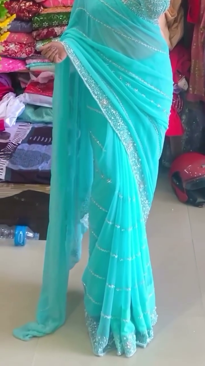 Sky Blue Net Saree with Intricate Sequin Embroidery, Shimmering Border Detailing and Full Sleeve Blouse – Perfect for Festive and Party Wear