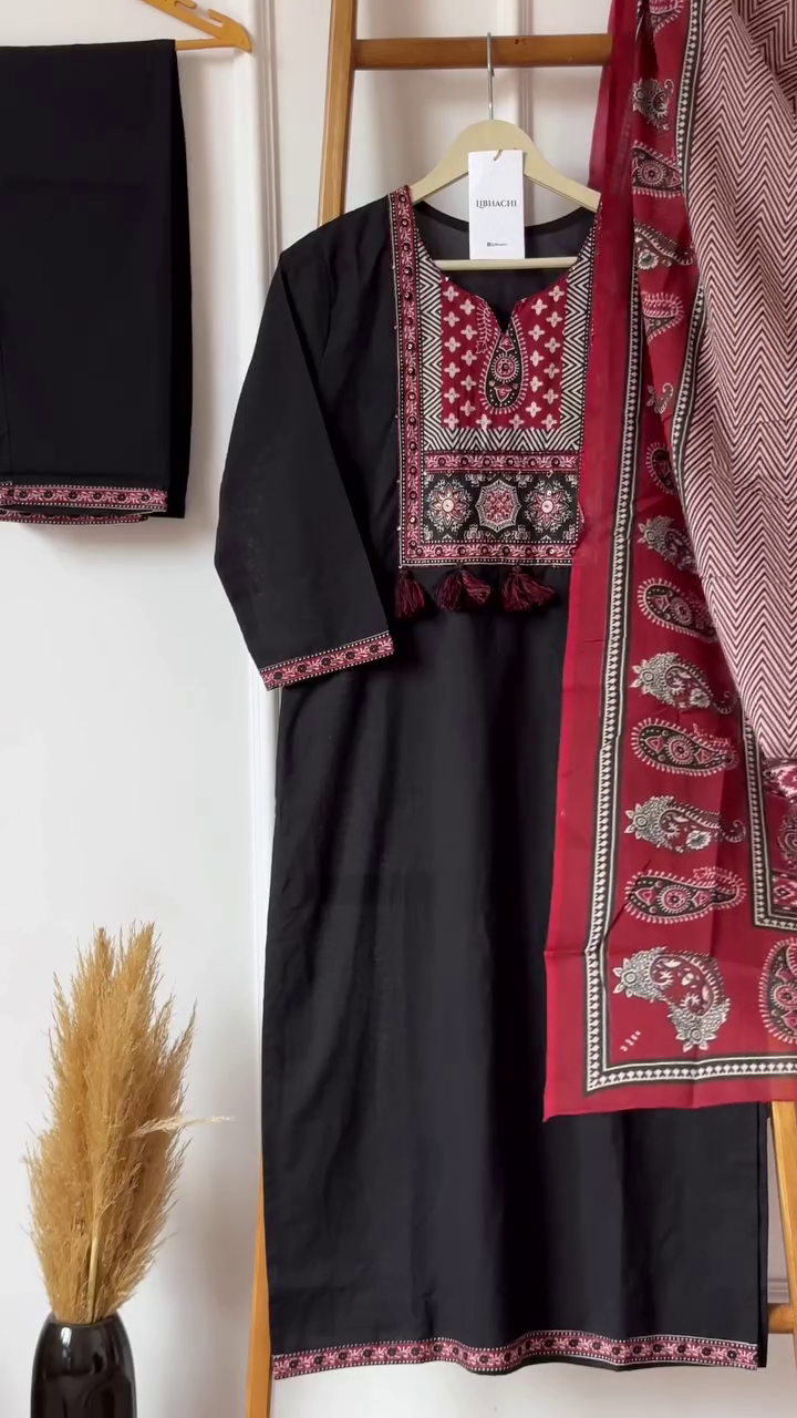 Black Cotton Kurta Set Intricately Embroidered Maroon and White Geometric Tassel Detailing, Matching Pants with Border Accents, and Complementing Printed Maroon Dupatta Traditional Paisley and Patterns – Perfect for Casual and Ethnic Wear