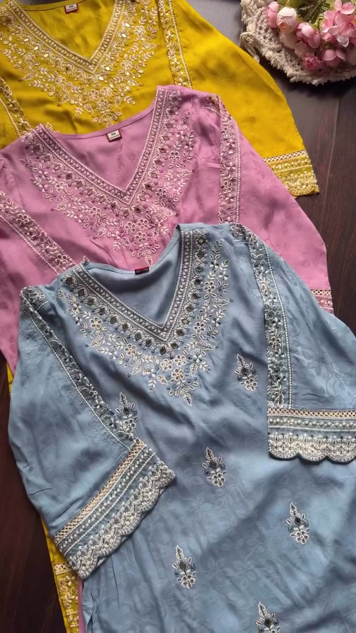 Pure Cotton Mirror Work Straight Kurtis in Blue, Pink, and Mustard Yellow with Intricate Thread Embroidery and Lace Detailing for Festive and Daily Ethnic Wear