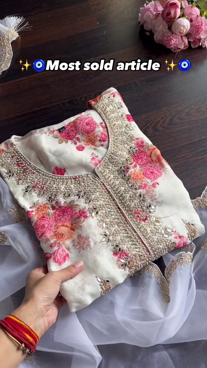 Graceful Off-White Floral Printed Kurta Set Featuring Intricate Handwork and Mirror Embellishments on the Neckline, Paired with a Sheer Embroidered Dupatta – Perfect for Elegant Festive and Occasion Wear