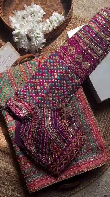 Designer Multicolor Mirror Work Saree Set with Heavy Embellished Thread Embroidery, Traditional Gujarati-Inspired Patterns and Matching Blouse – Ideal for Weddings, Navratri, and Festive Celebrations