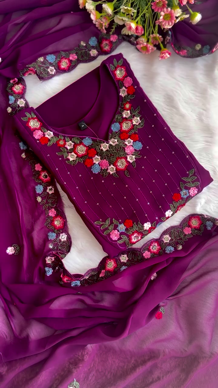 Magenta Georgette Kurta Set with Multicolor 3D Floral Embroidery on Neckline and Borders, Paired with Dupatta Delicate Thread Work – A Perfect Blend of Vibrant Charm and Grace for Festive and Ethnic Occasions