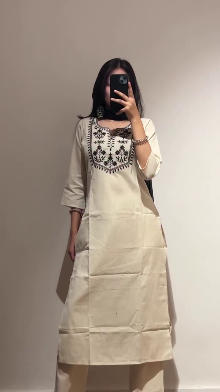Dual Color Cotton Straight Kurta Set Classic Black and Soothing Beige Variants, Each Adorned with Contrast Thread Embroidery on the Yoke, Matching Pants, and Complementing Printed Dupatta – A Perfect Tradition and Everyday Comfort