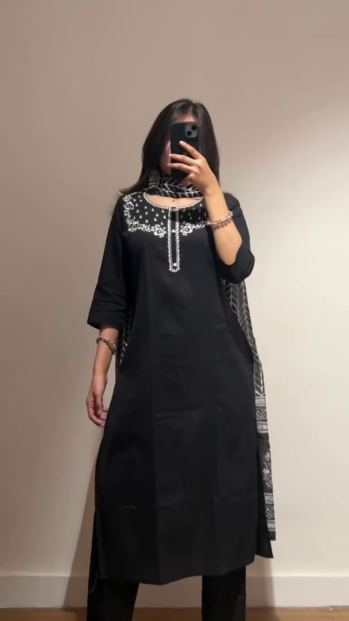 Dual Color Cotton Straight Kurta Set Classic Black and Soothing Beige Variants, Each Adorned with Contrast Thread Embroidery on the Yoke, Matching Pants, and Complementing Printed Dupatta – A Perfect Tradition and Everyday Comfort