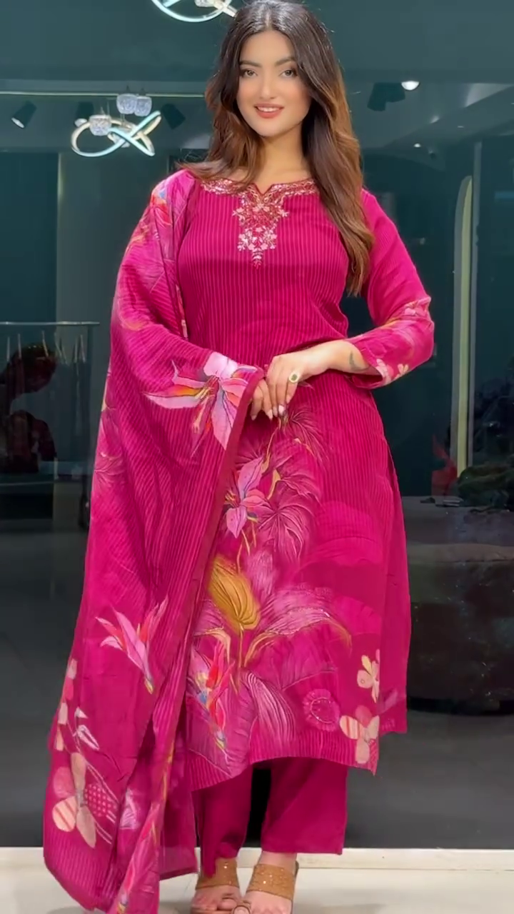 Magenta Floral Printed Kurta Set Featuring Intricate Neck Embroidery, Vertical Stripe Detailing, Coordinated Straight Pants, and Flowing Dupatta with Bold Botanical Motifs – Perfect for Festive and Ethnic Occasions