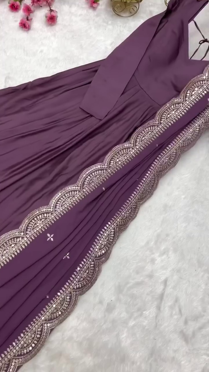 "Elegant Purple Dress with Intricate Beaded Embroidery and Scalloped Border Detailing