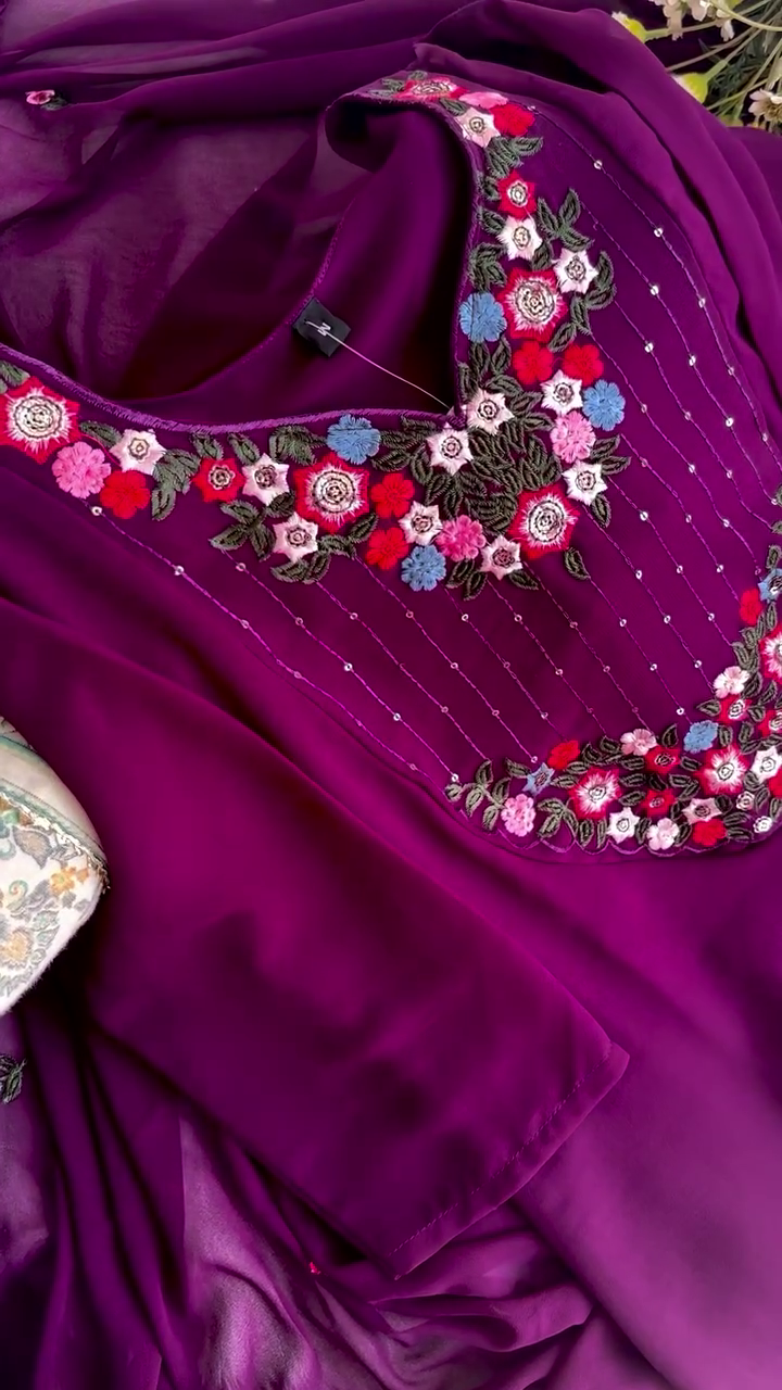 Magenta Georgette Kurta Set with Multicolor 3D Floral Embroidery on Neckline and Borders, Paired with Dupatta Delicate Thread Work – A Perfect Blend of Vibrant Charm and Grace for Festive and Ethnic Occasions