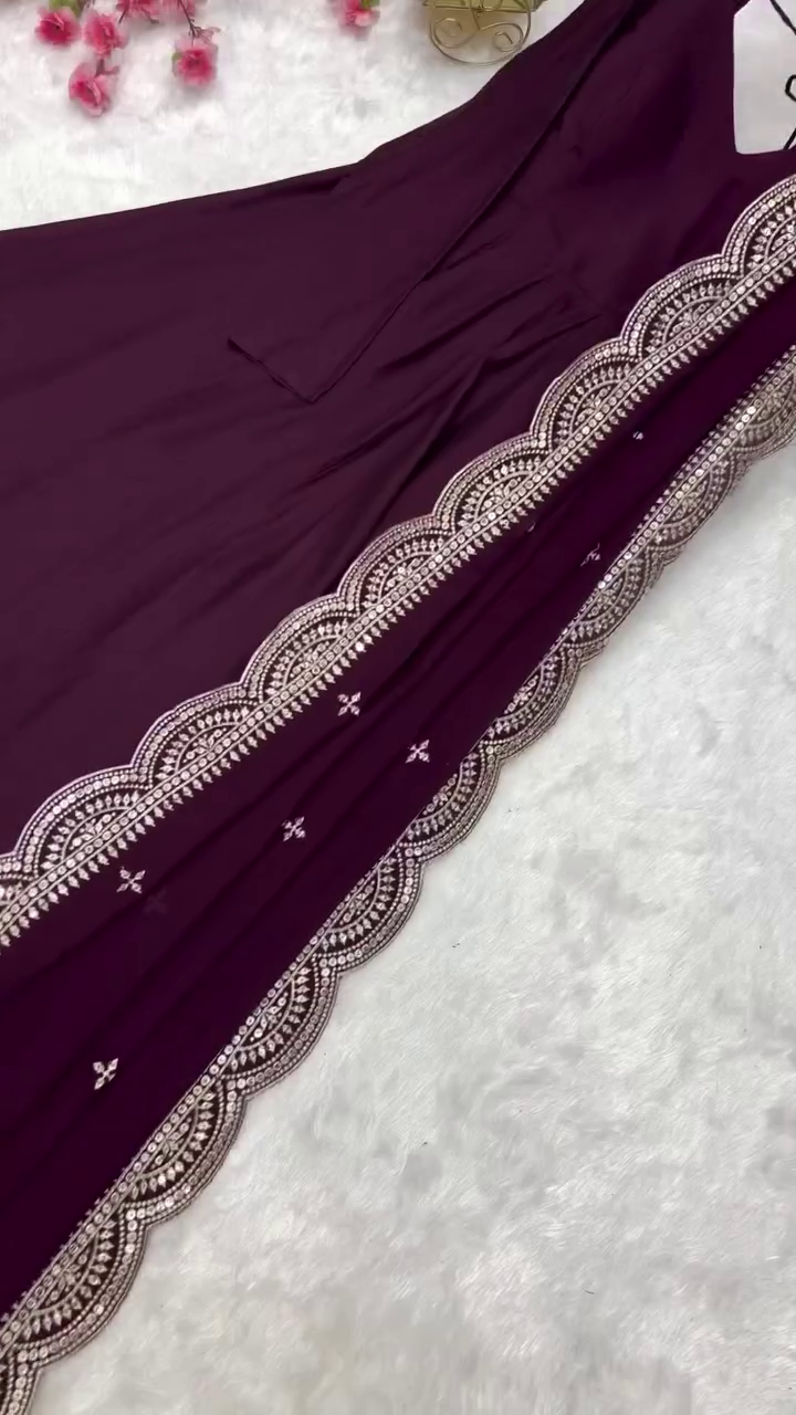 "Elegant Purple Dress with Intricate Beaded Embroidery and Scalloped Border Detailing