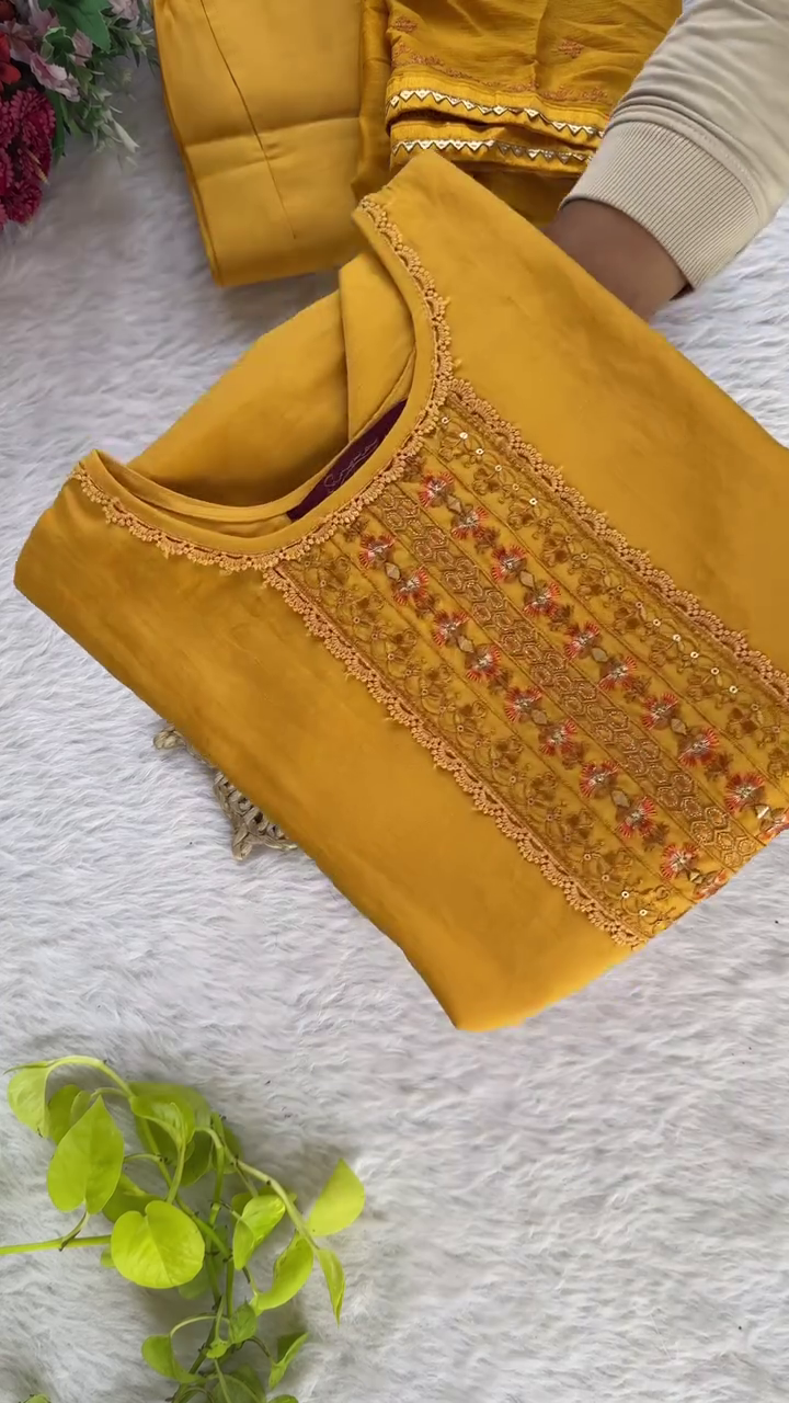 Mustard Yellow Ethnic Kurta Set Intricately Embroidered Neck Panel with Sequin Work, Paired with Matching Embellished Straight Pants and Dupatta with Detailed Border and Floral Accents – Perfect for Traditional Occasions