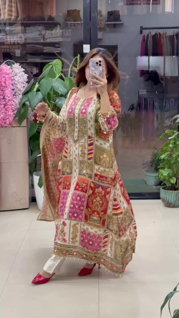 Multicolor Patchwork Printed A-Line Kurta Set with Intricate Traditional Motifs, Full Sleeves, Elegant Gotapatti Border Detailing, and Matching Dupatta – Perfect for Festive and Ethnic Occasions