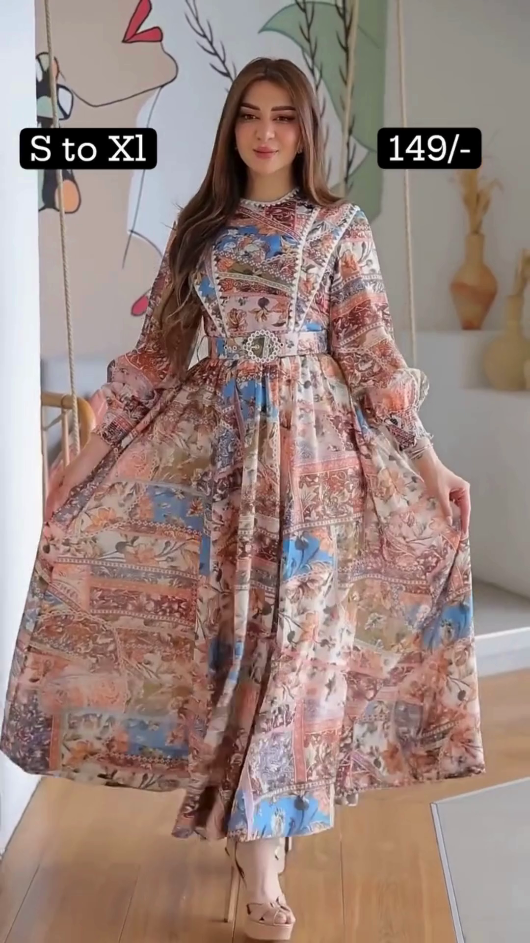 Printed Maxi Dress Featuring Vintage-Inspired in Earthy and Blue Tones, Full Puff Sleeves, Decorative Waist Belt with Buckle Detail, and a Flowing Flared Silhouette – Available in Sizes S to XL, Ideal for Brunches, Day Outings, and Statement Casual Wear