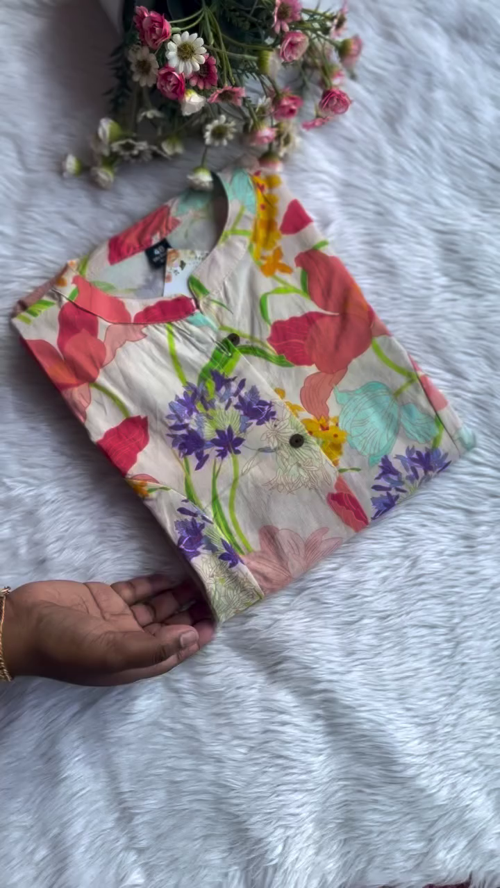 Cream Base Cotton Kurta Featuring Vibrant Multicolor Floral Print with Subtle Button Detailing and Soft Collar Design – A Breezy and Elegant Choice for Casual Daywear and Summer Outings