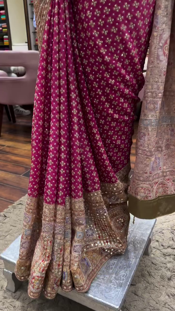 Heavily Embellished Multicolor Mirror and Thread Work with Intricately Embroidered Saree and Traditional Ethnic Motifs – Perfect for Bridal or Festive Wear