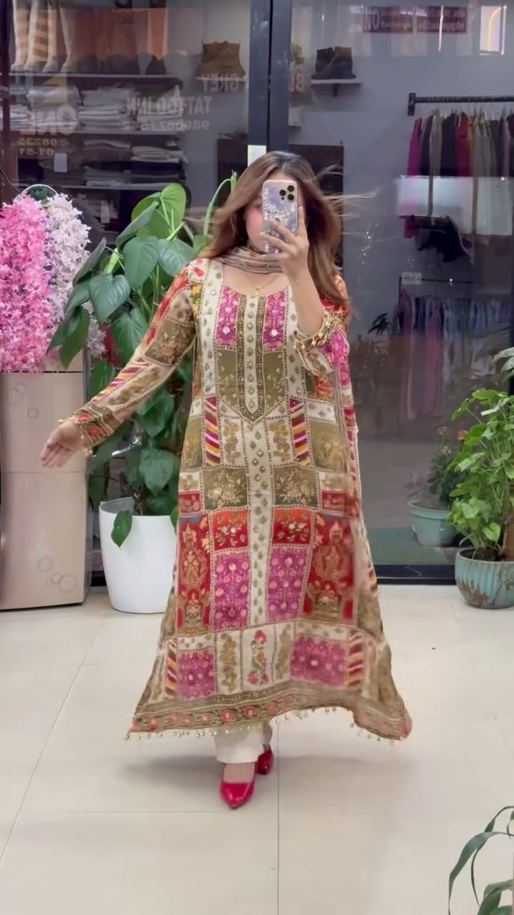 Multicolor Patchwork Printed A-Line Kurta Set with Intricate Traditional Motifs, Full Sleeves, Elegant Gotapatti Border Detailing, and Matching Dupatta – Perfect for Festive and Ethnic Occasions
