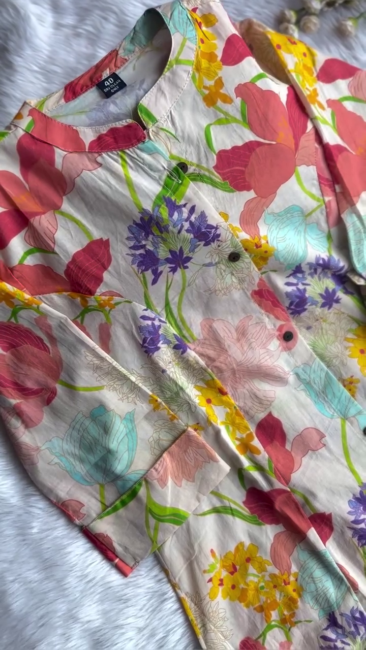 Cream Base Cotton Kurta Featuring Vibrant Multicolor Floral Print with Subtle Button Detailing and Soft Collar Design – A Breezy and Elegant Choice for Casual Daywear and Summer Outings