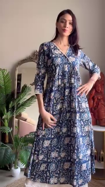 Dual Kurta Set Featuring Embroidered A-Line Cotton Floral Printed Anarkali Kurta with Puff Sleeves and Front Yoke Detailing Paired Perfect Blend of Subtle Embroidery and Traditional Prints for Everyday Ethnic Charm