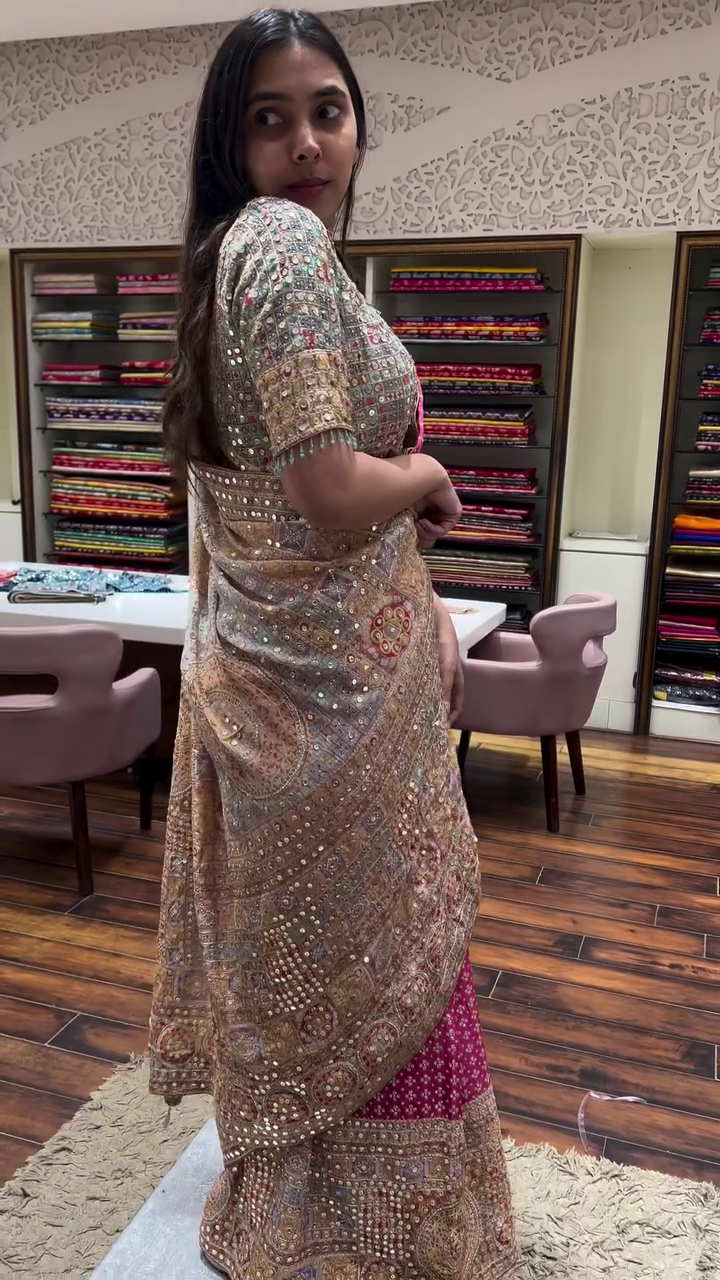 Heavily Embellished Multicolor Mirror and Thread Work with Intricately Embroidered Saree and Traditional Ethnic Motifs – Perfect for Bridal or Festive Wear