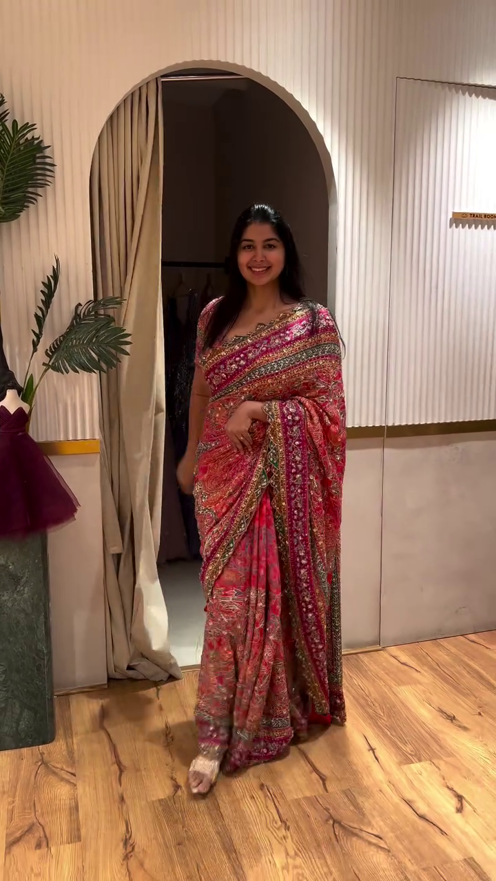Designer Multicolor Heavy Embroidered Georgette Saree with Sequin Work, Intricate Mirror Detailing and Matching Blouse – Perfect for Weddings, Festive Occasions and Traditional Celebrations