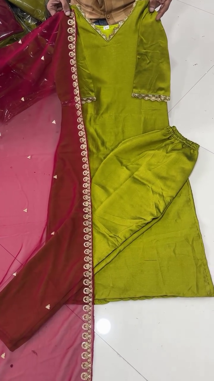 Olive Green Silk Blend Kurta Set with Matching Pants and Contrasting Wine Red Net Dupatta Featuring Golden Embroidered Border and Delicate Motif Work – Perfect for Festive and Traditional Occasions