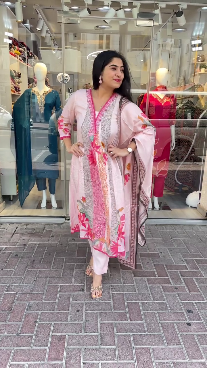 Light Pink Printed Cotton Suit Set Featuring Intricate Paisley and Floral Designs on Kurta with Embroidered Neckline, Paired with Matching Straight Pants and Contrasting Printed Dupatta – A Stylish and Comfortable Choice for Casual and Semi-Ethnic Outings