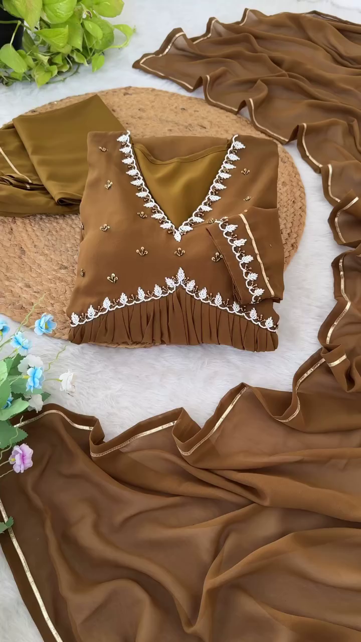 Brown Anarkali Style Kurta Set Featuring White Thread Embroidery on Neckline, Sleeves, and Yoke, Paired with Matching Straight Pants and Sheer Dupatta Accented with Subtle Border Detailing – A Graceful Choice for Traditional and Festive Wear