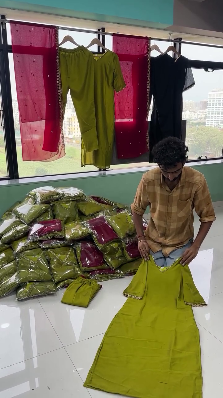Olive Green Silk Blend Kurta Set with Matching Pants and Contrasting Wine Red Net Dupatta Featuring Golden Embroidered Border and Delicate Motif Work – Perfect for Festive and Traditional Occasions