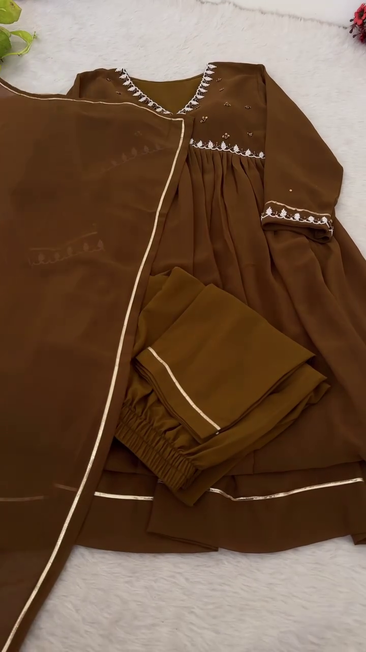 Brown Anarkali Style Kurta Set Featuring White Thread Embroidery on Neckline, Sleeves, and Yoke, Paired with Matching Straight Pants and Sheer Dupatta Accented with Subtle Border Detailing – A Graceful Choice for Traditional and Festive Wear