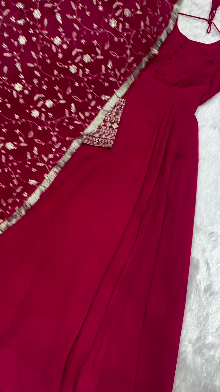 Elegant Red and Purple Dresses Featuring Floral Embroidered Sheer Overlays with Intricate Beaded Detailing on the Hem, Perfect for Special Occasions and Traditional Celebrations