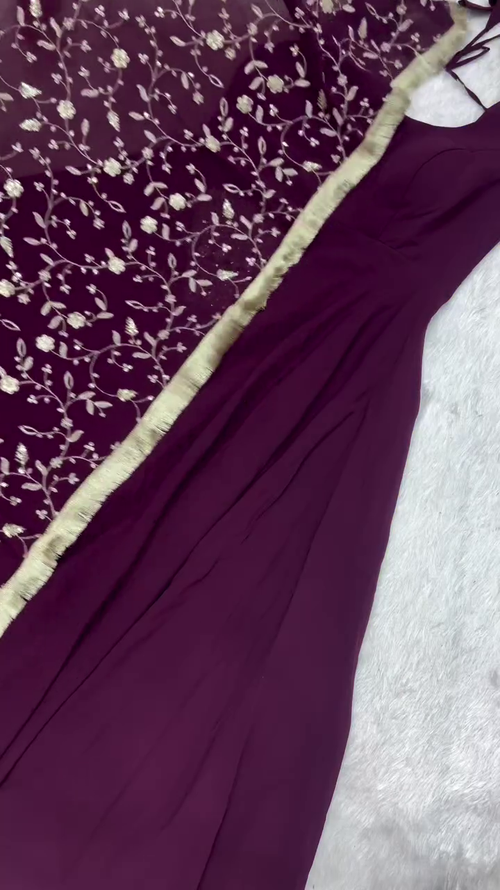 Elegant Red and Purple Dresses Featuring Floral Embroidered Sheer Overlays with Intricate Beaded Detailing on the Hem, Perfect for Special Occasions and Traditional Celebrations