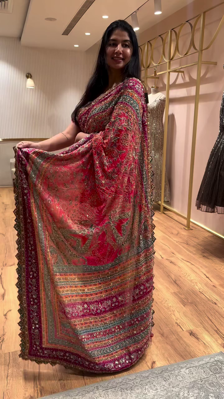 Designer Multicolor Heavy Embroidered Georgette Saree with Sequin Work, Intricate Mirror Detailing and Matching Blouse – Perfect for Weddings, Festive Occasions and Traditional Celebrations