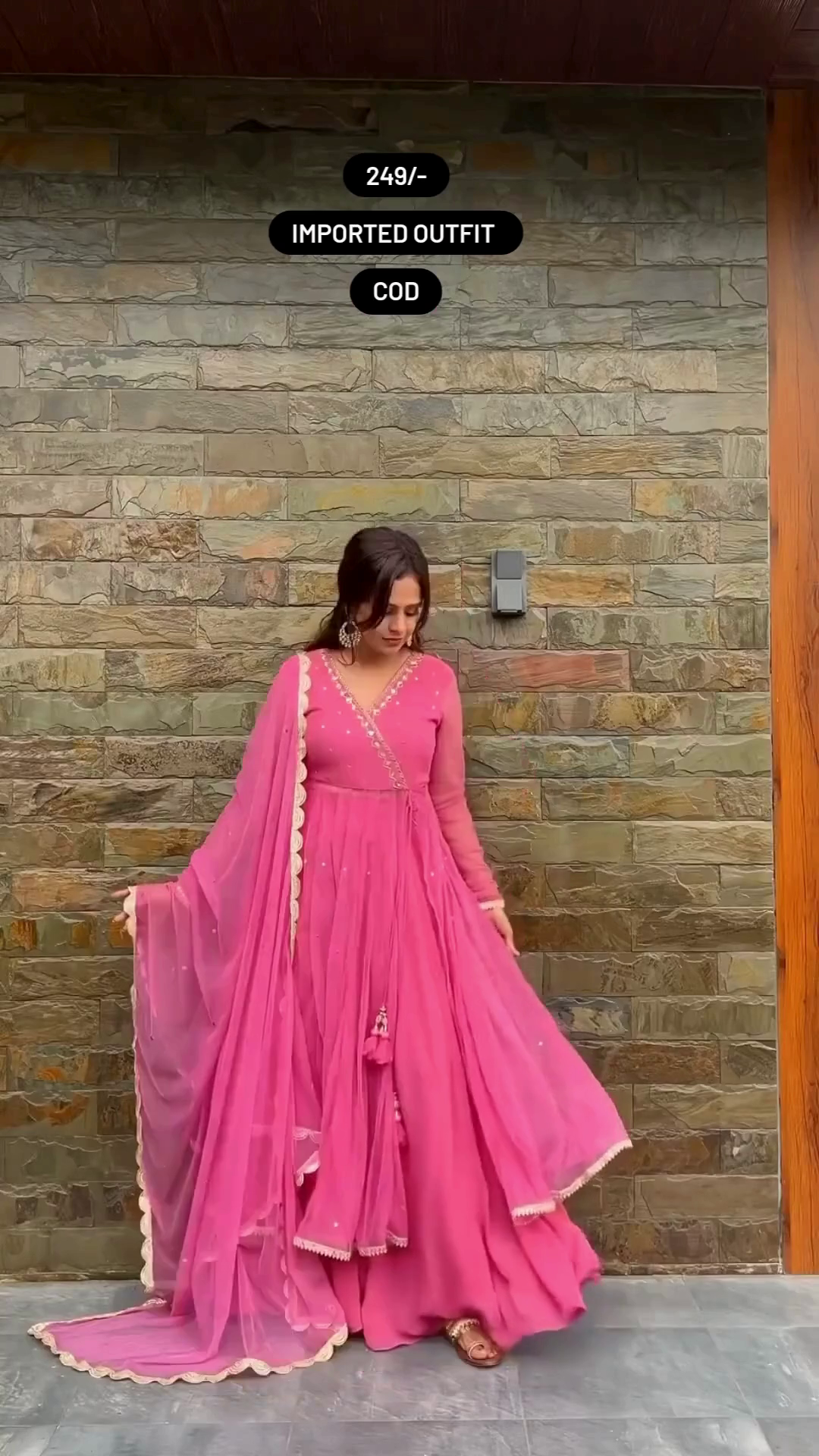 Stunning Imported Rani Pink Anarkali Gown Style Dress Full Sleeves, V-Neckline with Delicate Golden Lace Detailing, Sparkling Sequin Embellishments, Layered Flared Hemline, and Matching Dupatta – A Perfect for Celebrations, Special Events