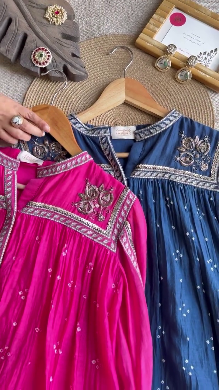 Handcrafted Gota Patti Embroidered Cotton Kurta Set in Vibrant Rani Pink and Deep Indigo Blue with Floral Motifs, Mirror Work Accents, and Gathered Flared Silhouette – Perfect for Festive and Ethnic Occasions