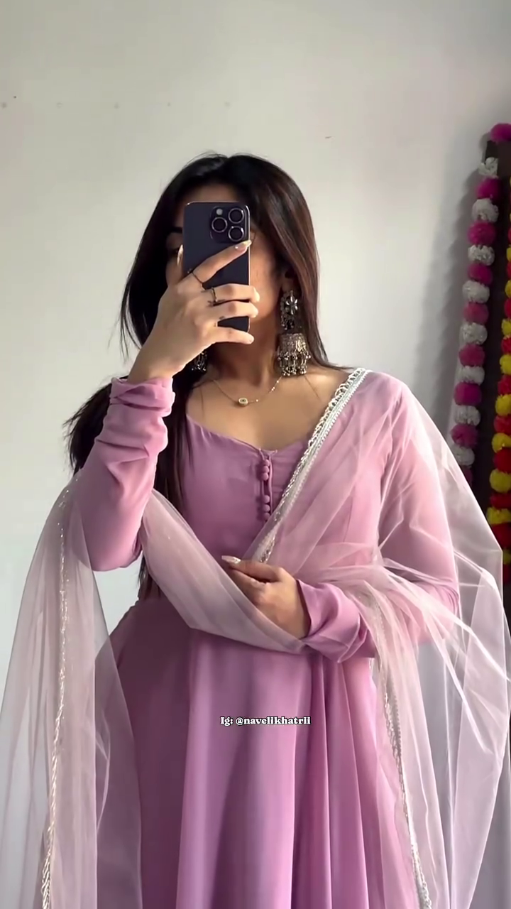 Elegant Mauve Anarkali Kurta Set with Full Sleeves and Matching Net Dupatta Featuring Subtle Gota Lace Detailing – Perfect for Festive and Traditional Occasions