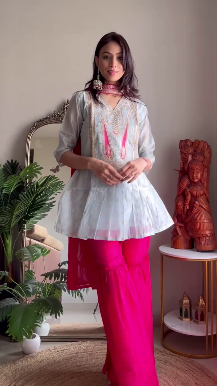 Dual Ethnic Kurta Set Combo Featuring Short Peplum Kurta with Embroidery, Paired with Vibrant Sharara and Chiffon Dupatta – Classic Straight Kurta Set with Sleeves and Silver Embellished Borders on Cuffs and Hemline, Perfect for Festive and Evening