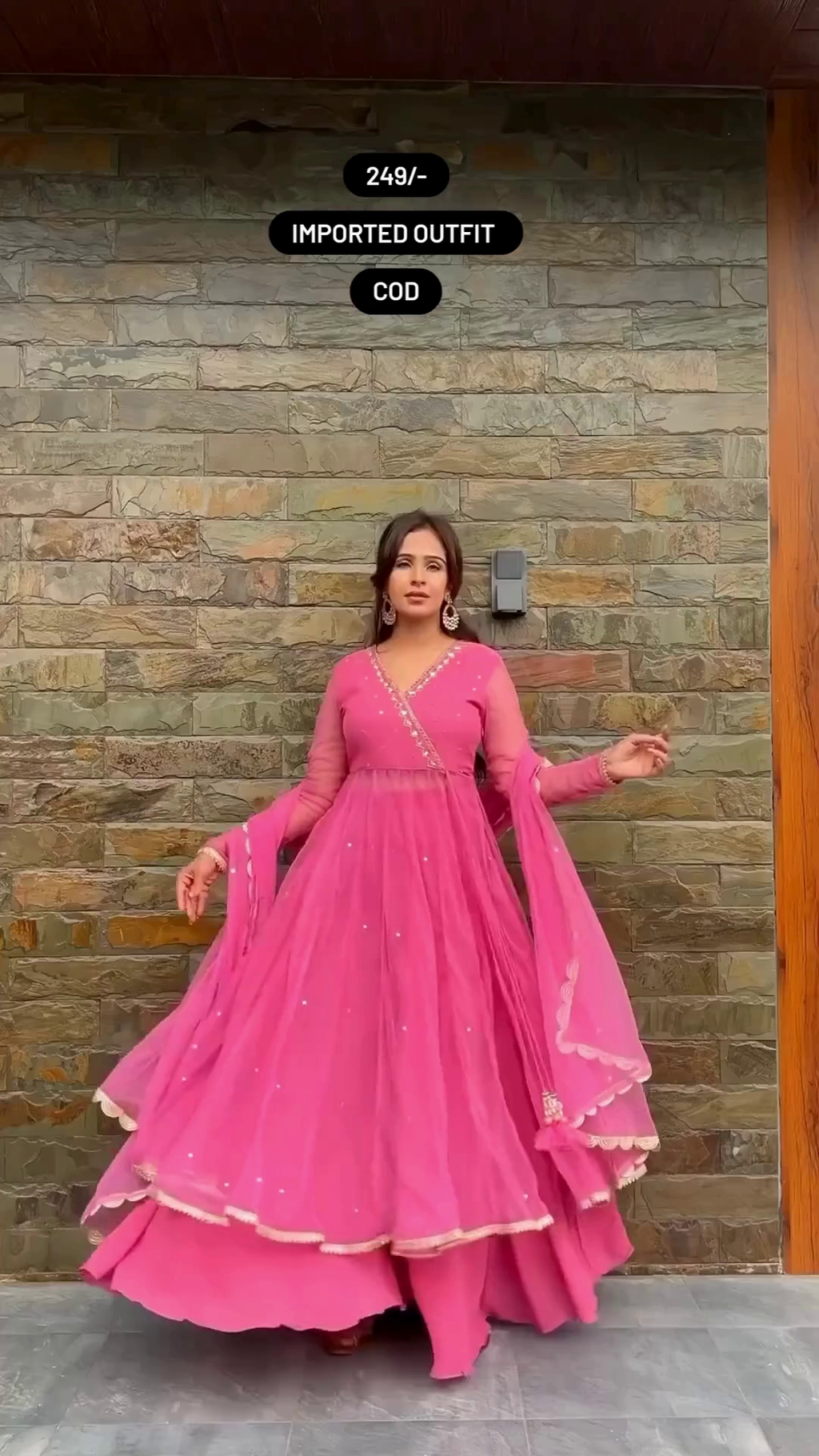 Stunning Imported Rani Pink Anarkali Gown Style Dress Full Sleeves, V-Neckline with Delicate Golden Lace Detailing, Sparkling Sequin Embellishments, Layered Flared Hemline, and Matching Dupatta – A Perfect for Celebrations, Special Events