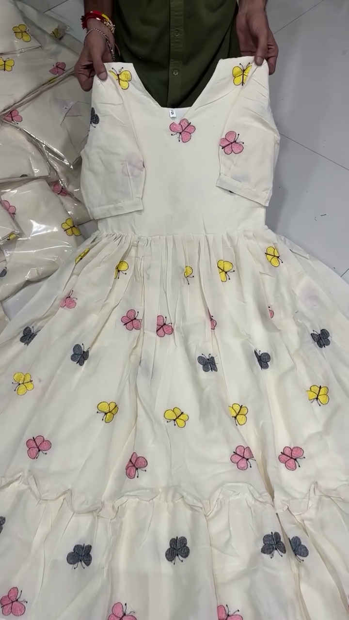 Off-White Flared Midi Dress with Colorful Butterfly Embroidery, V-Neckline, Half Sleeves, and Tiered Hem – Perfect for Casual Outings, Summer Gatherings, and Everyday Comfort