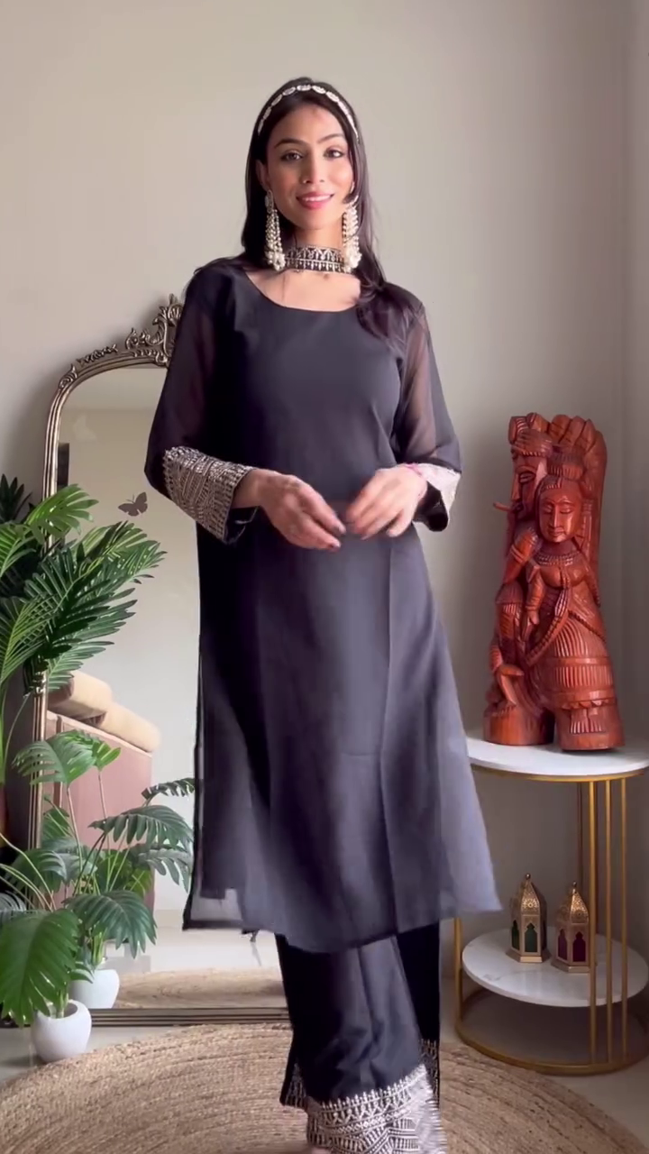 Dual Ethnic Kurta Set Combo Featuring Short Peplum Kurta with Embroidery, Paired with Vibrant Sharara and Chiffon Dupatta – Classic Straight Kurta Set with Sleeves and Silver Embellished Borders on Cuffs and Hemline, Perfect for Festive and Evening