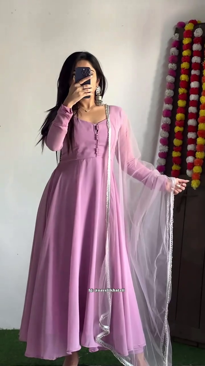 Elegant Mauve Anarkali Kurta Set with Full Sleeves and Matching Net Dupatta Featuring Subtle Gota Lace Detailing – Perfect for Festive and Traditional Occasions
