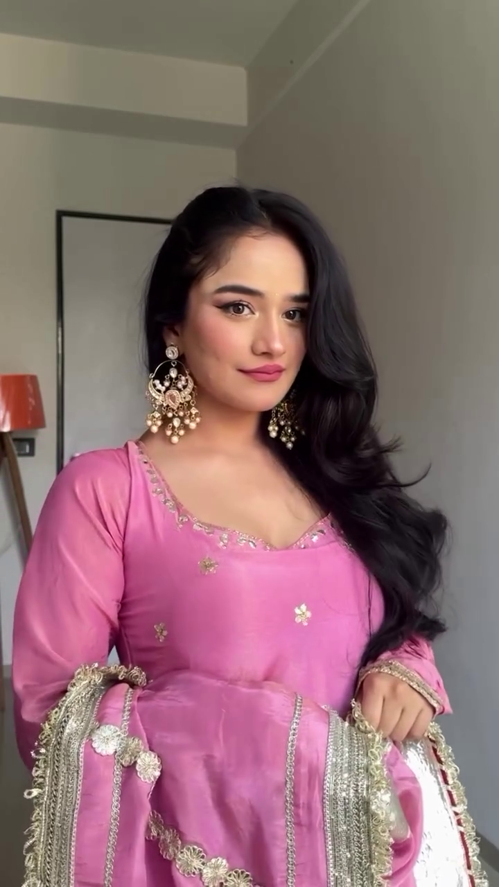 Baby Pink Flared Anarkali Suit Set Featuring Intricate Golden Embroidered Border, Delicate Sequin Detailing, Matching Dupatta with Embellished Edges, and Full Sleeves – Perfect for Festive Celebrations and Traditional Occasions