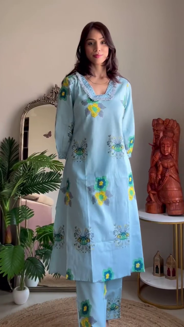 Dual Cotton Kurta Set Combo Featuring Floral Printed Kurta with Delicate Lace Detailing and Matching Pants Paired with Sleeveless Ikat-Inspired Printed Set for a Vibrant, Breezy, and Comfortable Everyday Ethnic Look